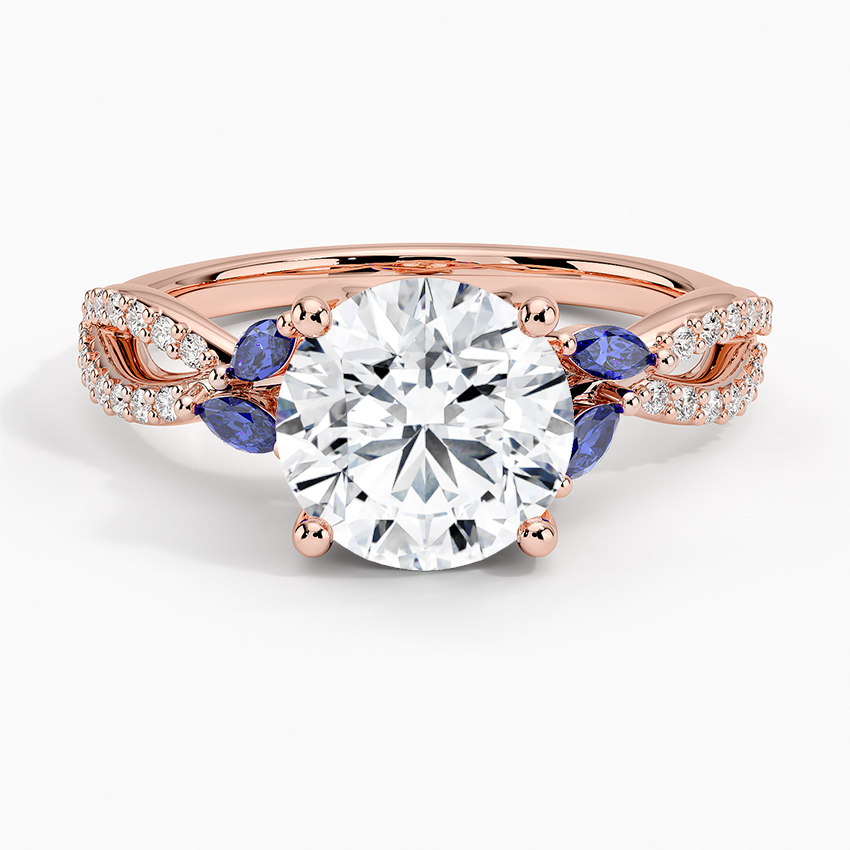 Blue Sapphire & Round Cut Moissanite Engagement Ring, Split Shank Diamond Ring, Vintage Floral Inspired Bridal Ring