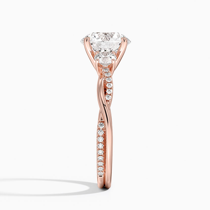Round Cut Diamond Engagement Ring, Twisted Three Stone Ring, Pavé Band Promise Ring