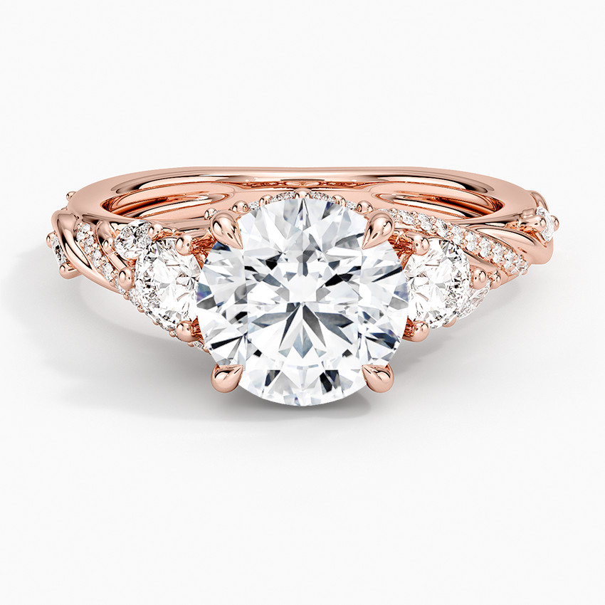 Round Cut Moissanite Engagement Ring, Twisted Pave Band Ring, 3 Stone Diamond Ring