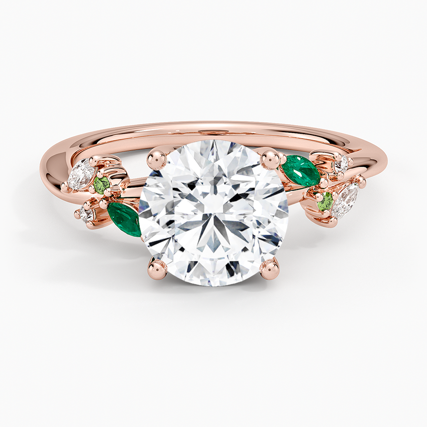 Round Cut Moissanite Engagement Ring with Emerald Leaf Side Stones, Nature Inspired Bridal Ring, Solid Gold Solitaire Ring (Copy)