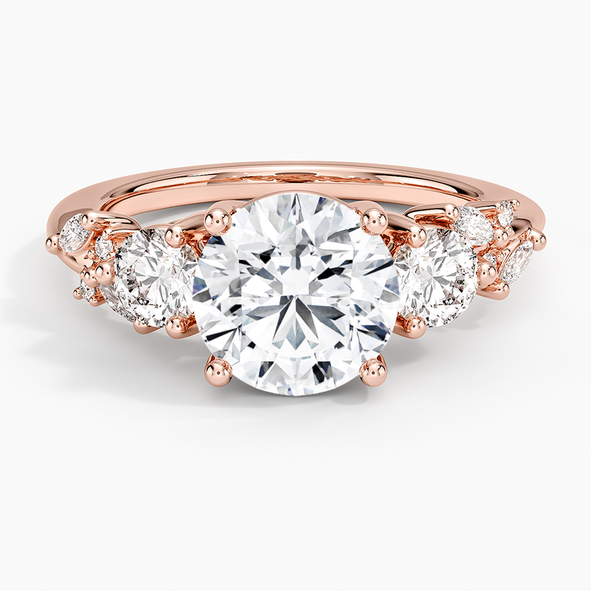 Round Cut Moissanite Three Stone Engagement Ring, Diamond Cluster Side Stones Ring, Solid Gold Bridal Ring