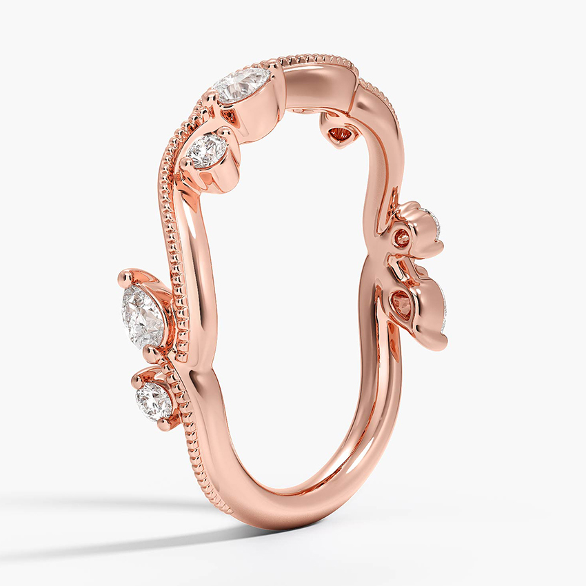 Curved Diamond Wedding Band, Marquise & Round Diamond Ring, Stackable Anniversary Ring