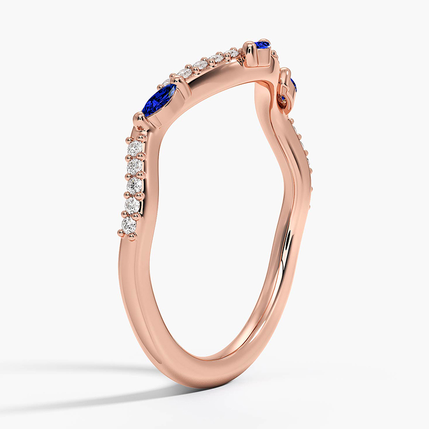 Blue Sapphire Marquise Wedding Band, Curved Diamond V Ring, Stacking Anniversary Ring