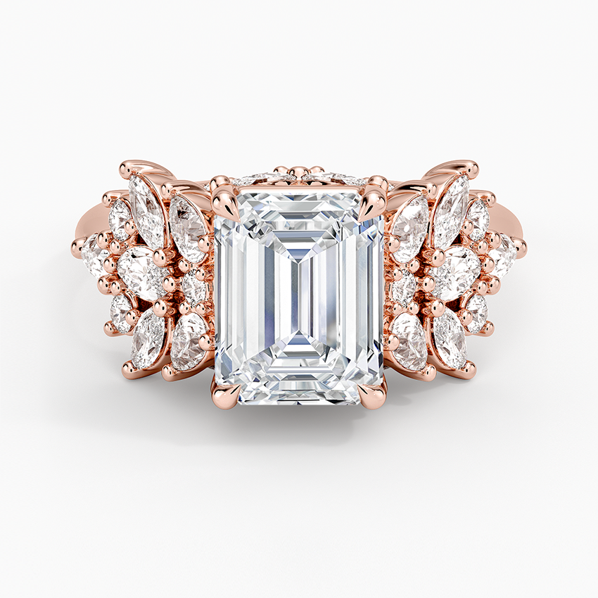Emerald Cut Moissanite Engagement Ring, Floral Cluster Diamond Ring, Vintage Inspired Statement Ring