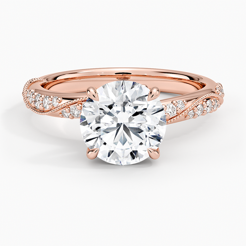 Twisted Vine Moissanite Engagement Ring, Round Cut Solitaire Diamond Ring, Vintage Inspired Pave Band