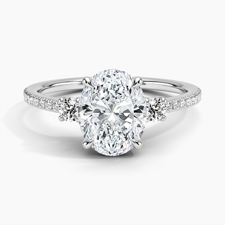 Oval Cut Diamond Engagement Ring with Side Stones, Pave Band Ring, Hidden Accent Diamond Ring