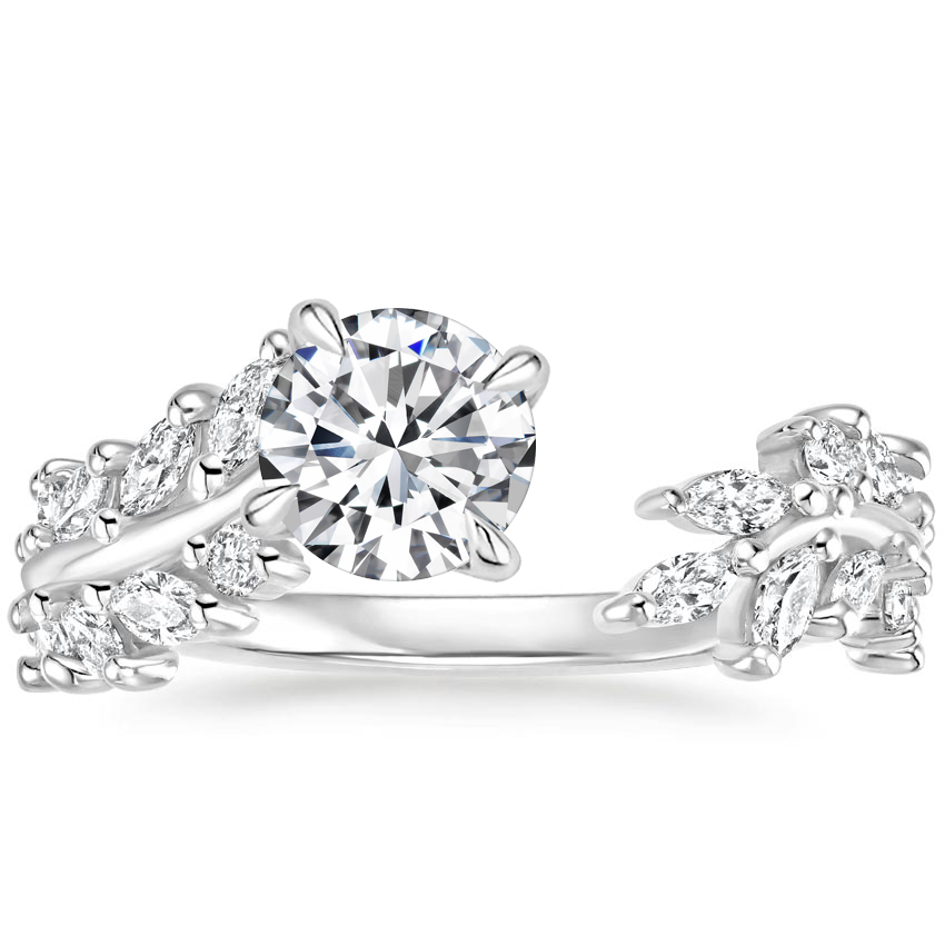 Round Cut Diamond Engagement Ring, Nature Inspired Leaf Vine Ring, Marquise & Round Side Stone Ring
