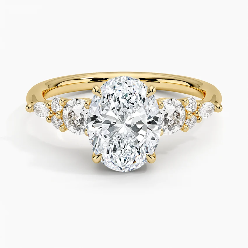 Oval Cut Diamond Engagement Ring, Three Stone Diamond Ring, Side Stone Bridal Ring