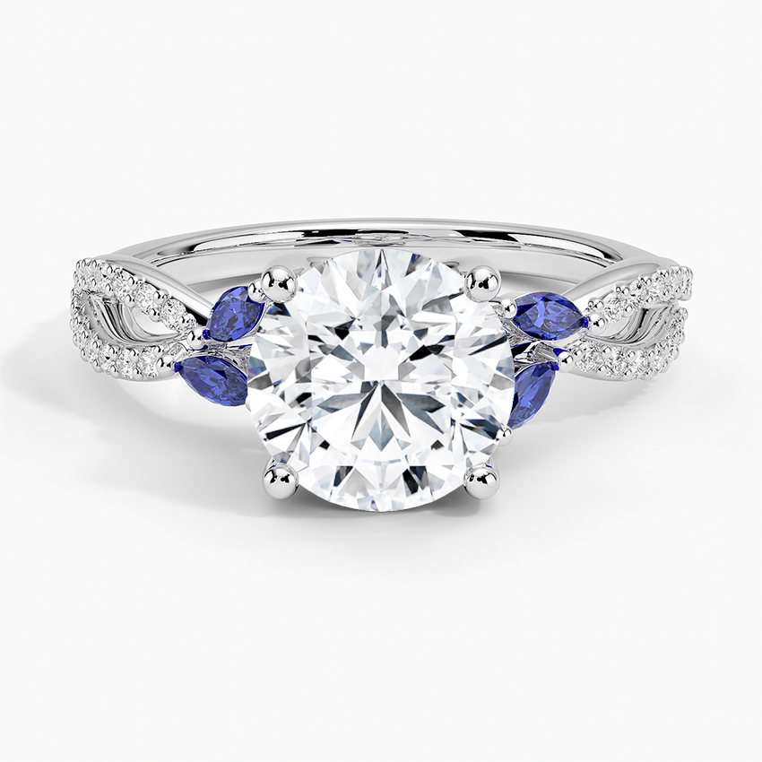 Blue Sapphire & Round Cut Moissanite Engagement Ring, Split Shank Diamond Ring, Vintage Floral Inspired Bridal Ring