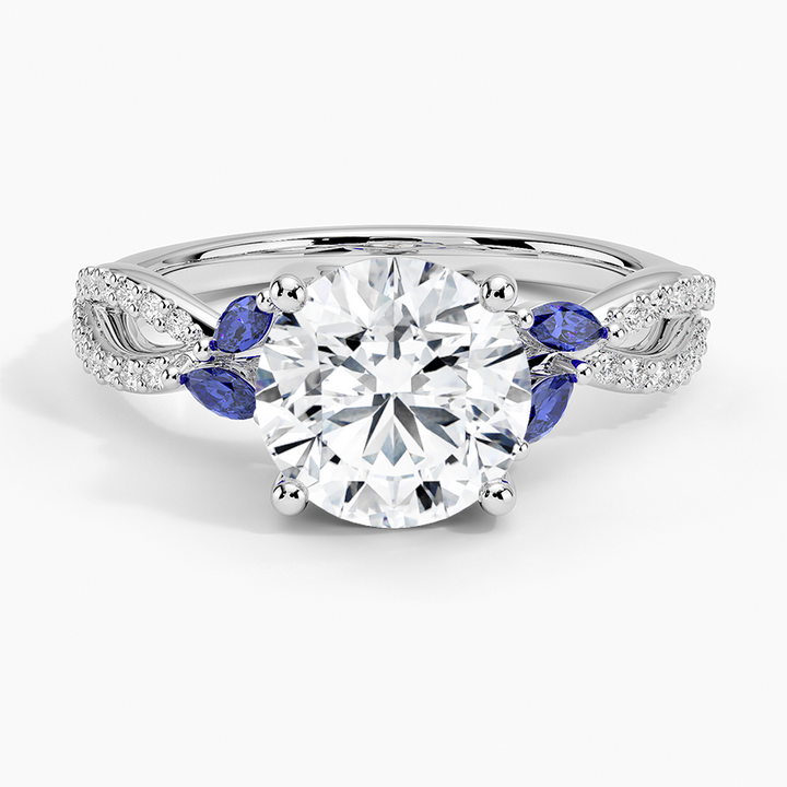 Blue Sapphire & Round Cut Moissanite Engagement Ring, Split Shank Diamond Ring, Vintage Floral Inspired Bridal Ring