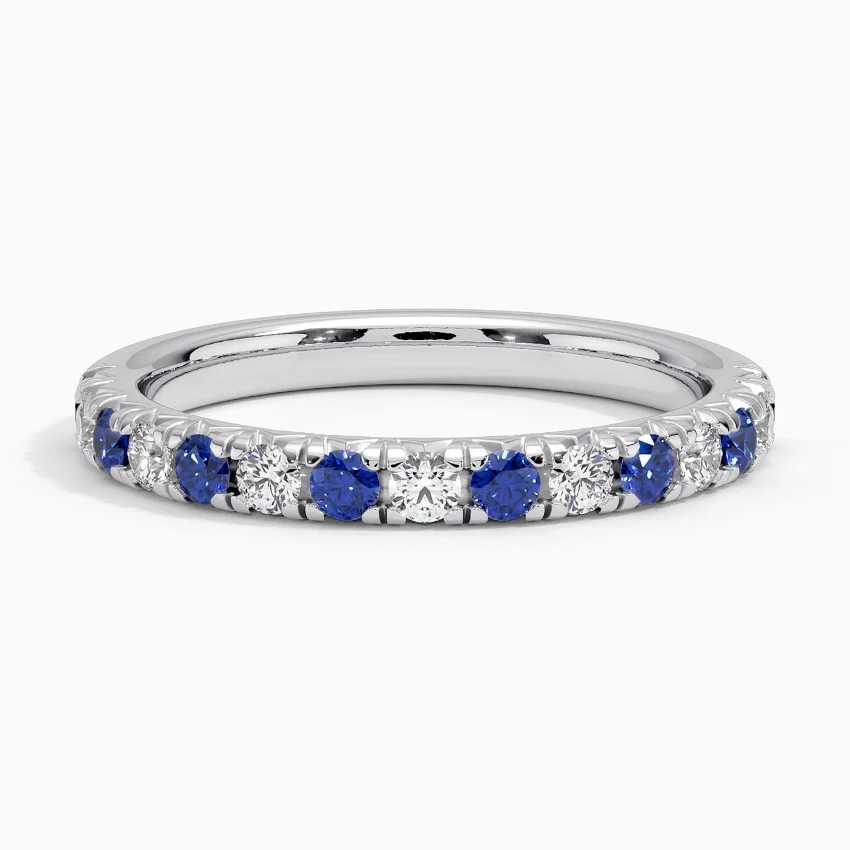 Blue Sapphire & Diamond Eternity Band Ring, Alternating Gemstone Wedding Band, Stackable Anniversary Ring