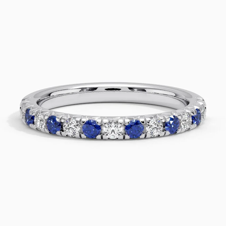 Blue Sapphire & Diamond Eternity Band Ring, Alternating Gemstone Wedding Band, Stackable Anniversary Ring