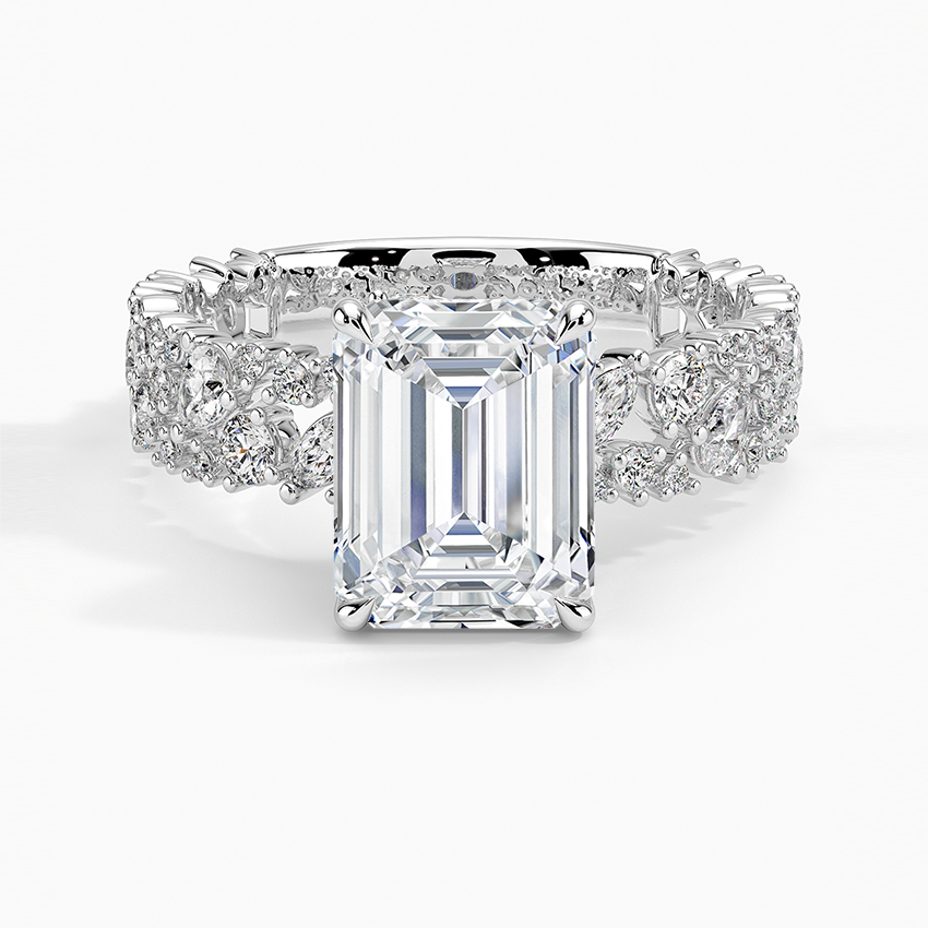 Emerald Cut Diamond Engagement Ring, Vintage Floral Cluster Band Ring, Unique Halo Statement Ring