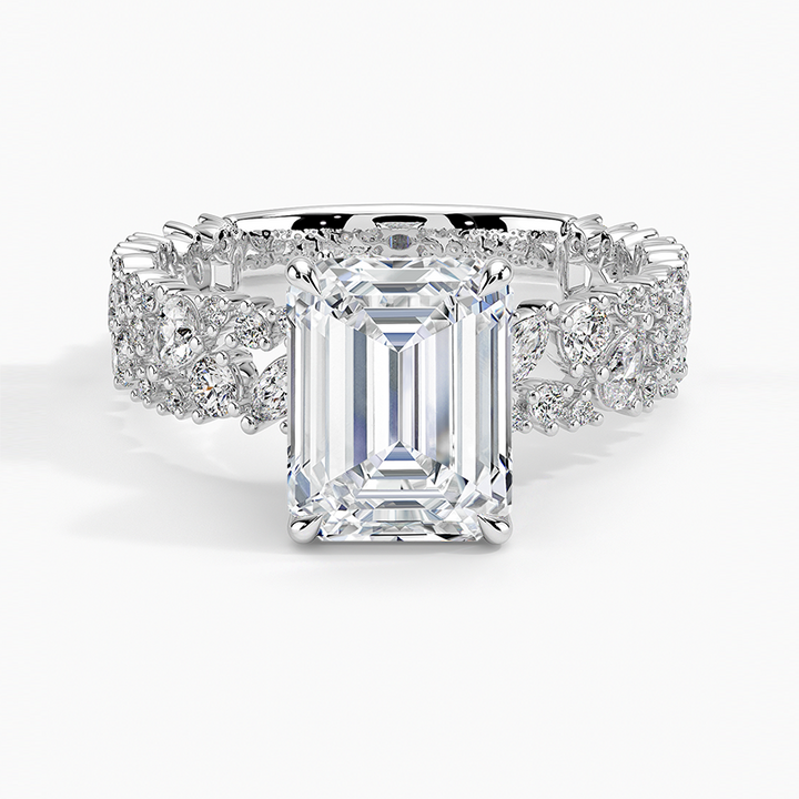 Emerald Cut Diamond Engagement Ring, Vintage Floral Cluster Band Ring, Unique Halo Statement Ring