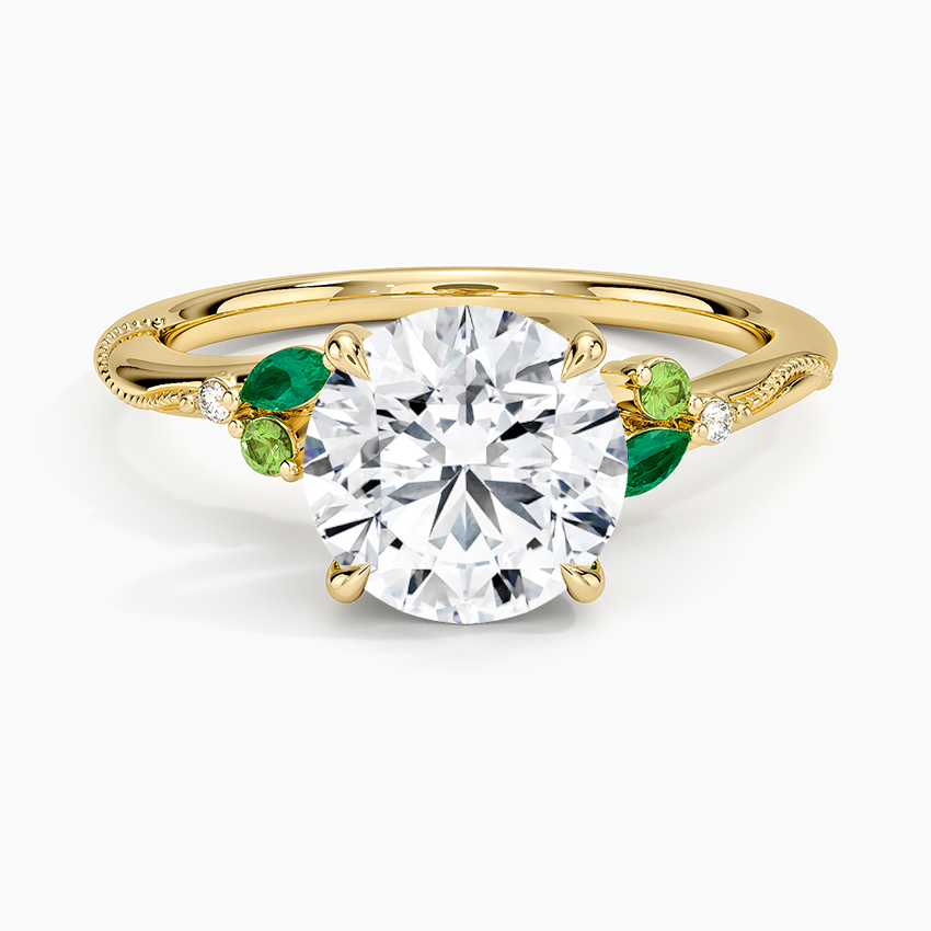 Round Cut Moissanite Engagement Ring with Green Accent Stones, Nature Inspired Leaf Design Ring, Promise Ring for Women