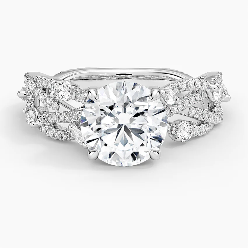 Vintage Inspired Round Cut Moissanite Engagement Ring, Twisted Vine Diamond Band, Floral Split Shank Ring