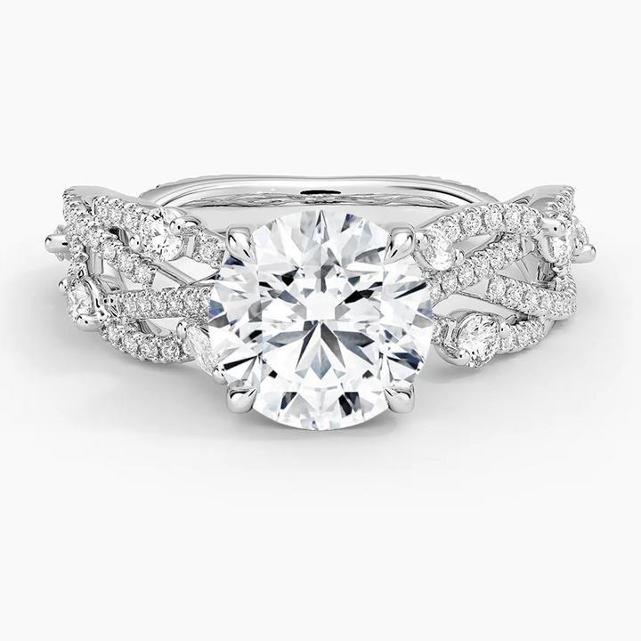 Vintage Inspired Round Cut Moissanite Engagement Ring, Twisted Vine Diamond Band, Floral Split Shank Ring