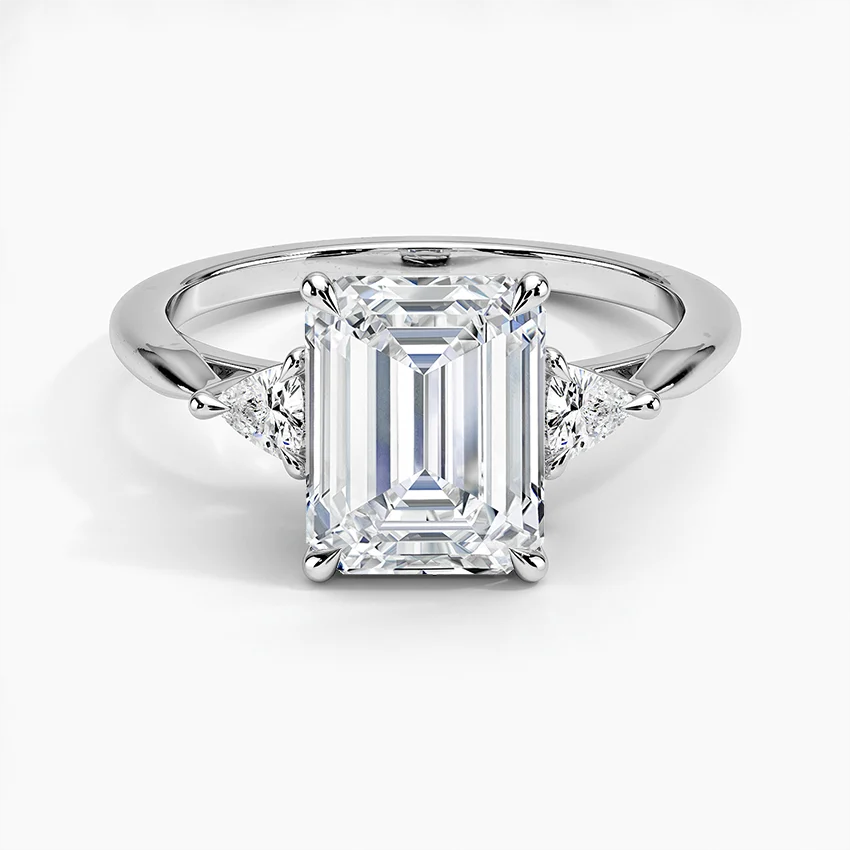 Emerald Cut Diamond Engagement Ring, Trillion Side Stones, 3 Stone Ring