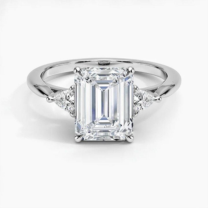 Emerald Cut Diamond Engagement Ring, Trillion Side Stones, 3 Stone Ring