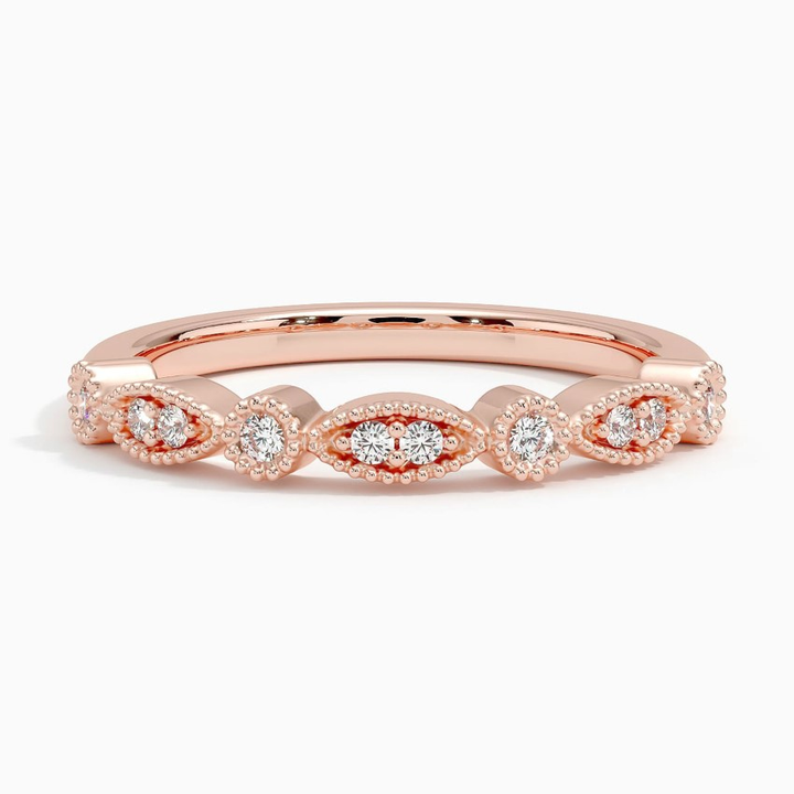 Vintage Marquise Diamond Wedding Band, Milgrain Diamond Ring, Stackable Gold Ring