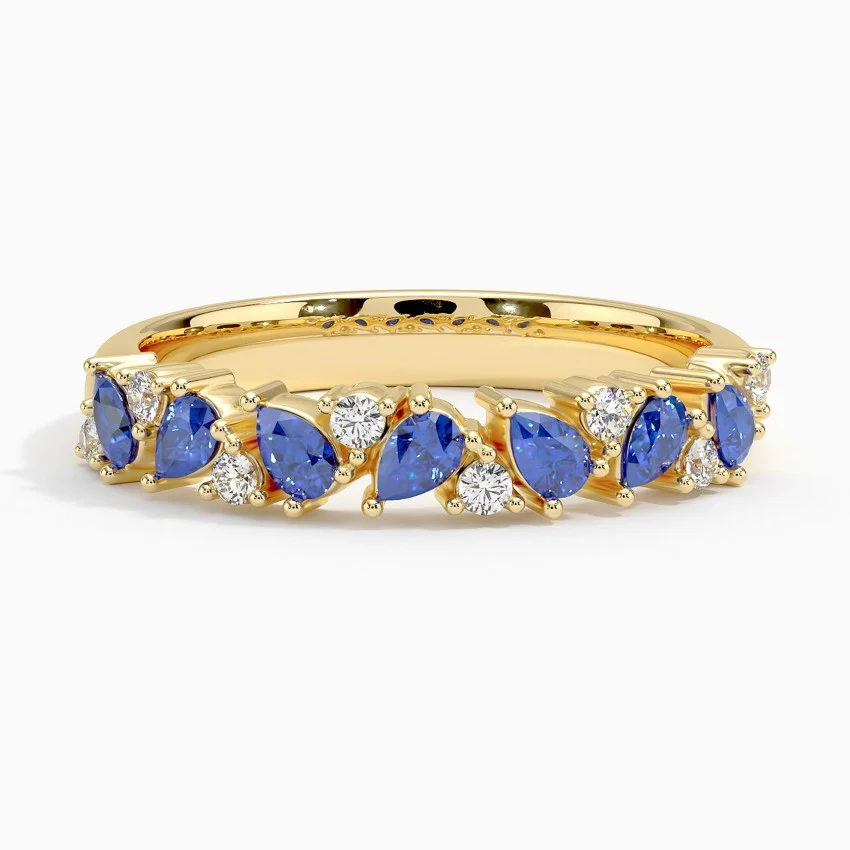 Blue Sapphire & Diamond Half Eternity Ring, Pear Cut Sapphire Wedding Band, Anniversary Gift Ring