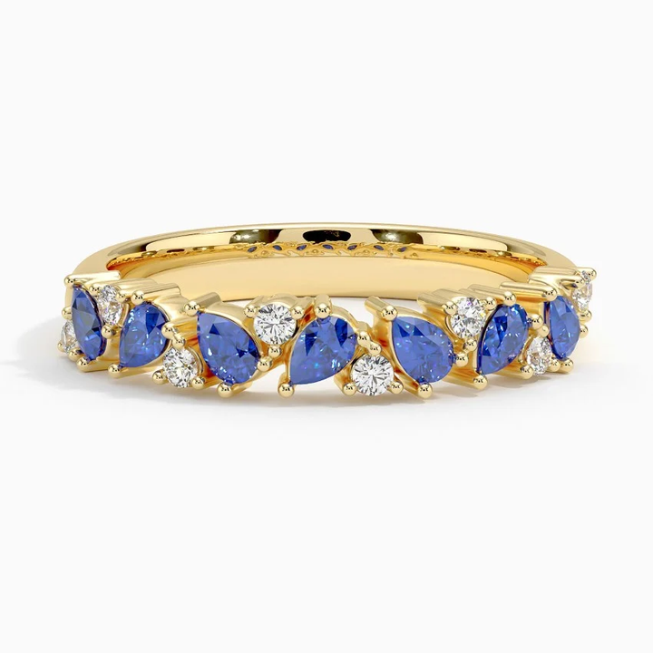 Blue Sapphire & Diamond Half Eternity Ring, Pear Cut Sapphire Wedding Band, Anniversary Gift Ring