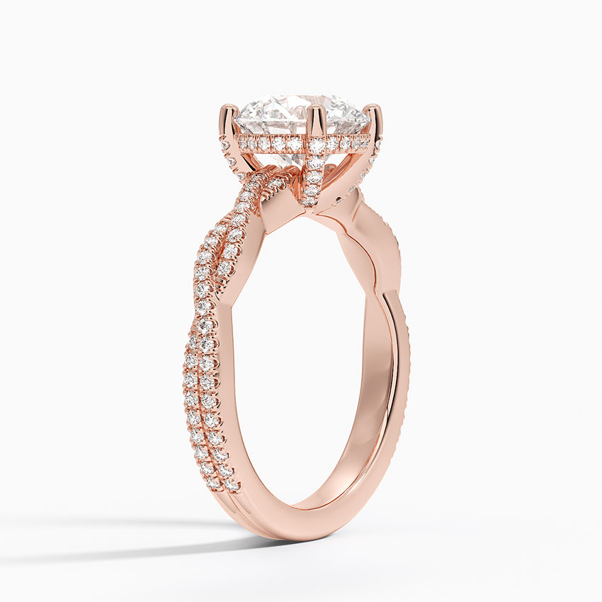 Twisted Pave Diamond Engagement Ring, Round Cut Solitaire Ring, Split Shank Gold Ring