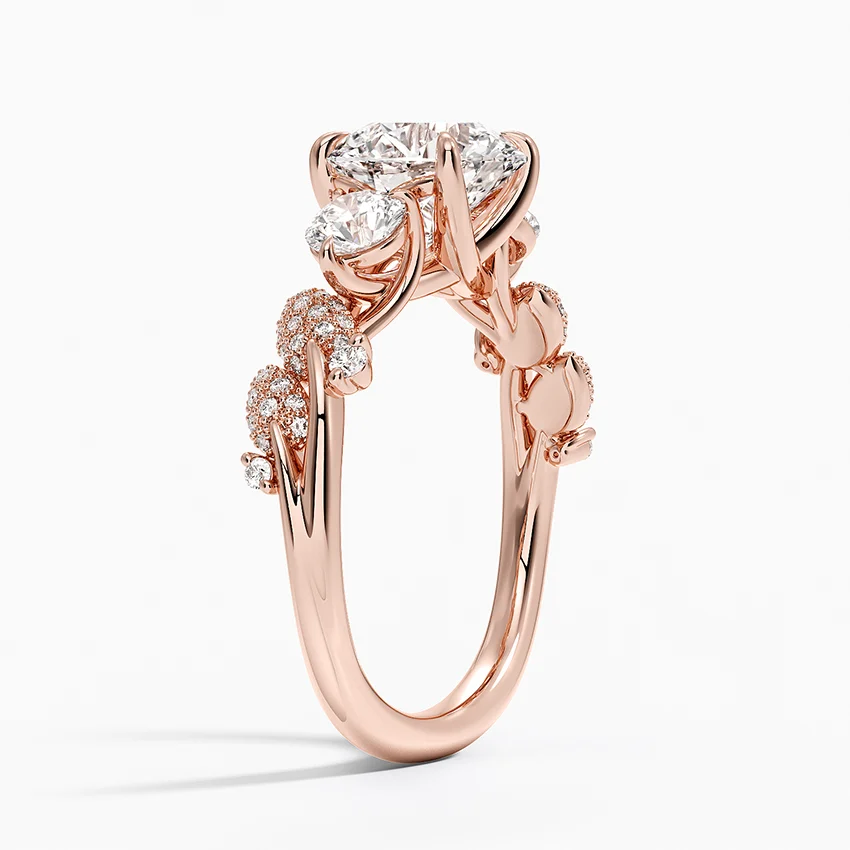 Floral Diamond Engagement Ring, Round Cut 3 Stone Ring, Leaf Inspired Diamond Ring