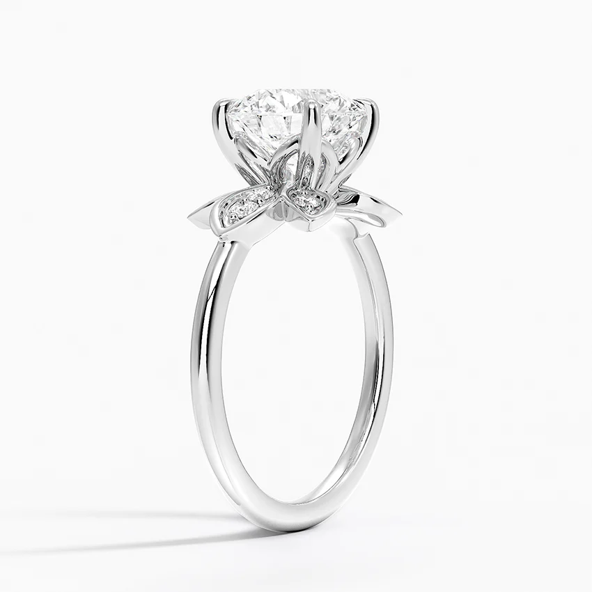 Floral Petal Diamond Engagement Ring, Round Cut Center, Nature Inspired Leaf Design