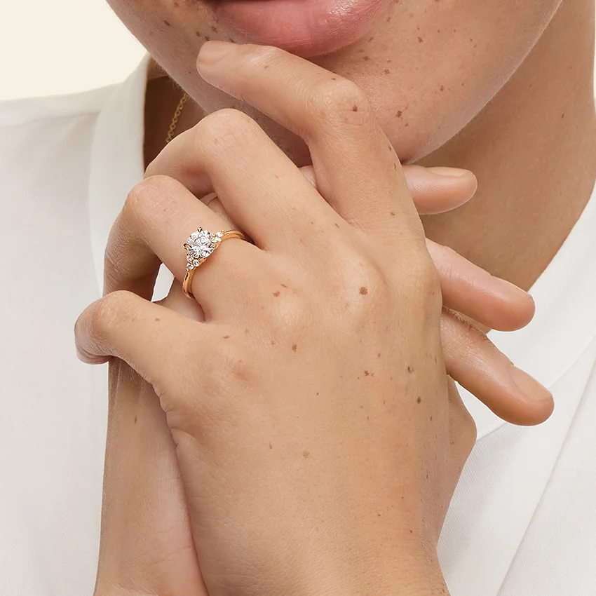 Classic Round Solitaire Diamond Ring with Side Accent Stones, Minimalist Engagement Ring