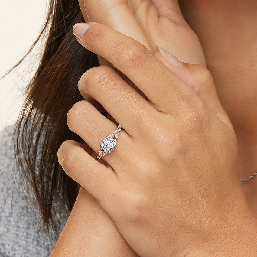 Vintage Leaf Moissanite Engagement Ring, Round Cut Solitaire Diamond Ring, Nature Inspired Bridal Ring