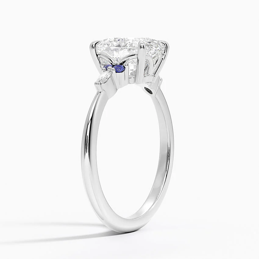 Oval Cut Diamond Engagement Ring with Blue Sapphire Accents, Three Stone Ring, Solid Gold Promise Ring
