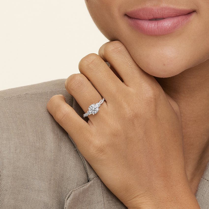 Three Stone Round Cut Moissanite Engagement Ring, Twisted Pave Band Diamond Ring, Promise Ring for Women