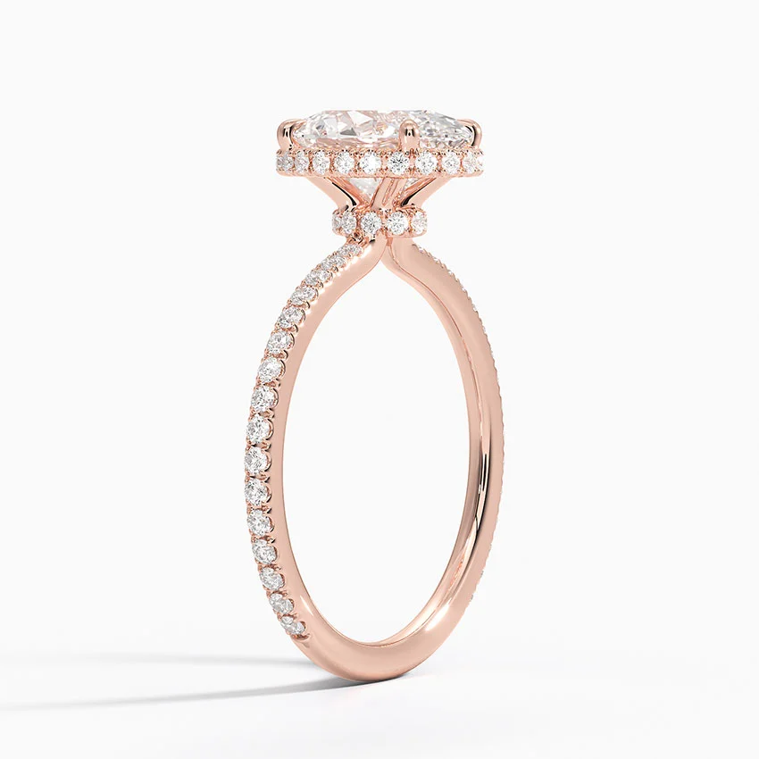 Oval Cut Diamond Engagement Ring, Hidden Halo Oval Ring, Pave Diamond Band Ring