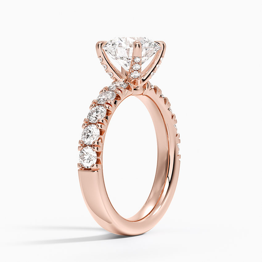 Round Cut Moissanite Engagement Ring, Diamond Pave Band Ring, Hidden Halo Style Bridal Ring
