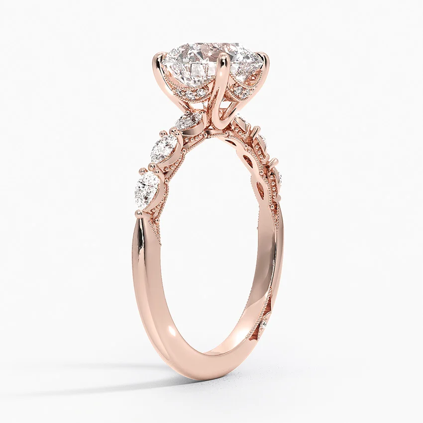 Round Cut Solitaire Diamond Engagement Ring, Twisted Vine Band with Accent Stones, Nature Inspired Bridal Ring