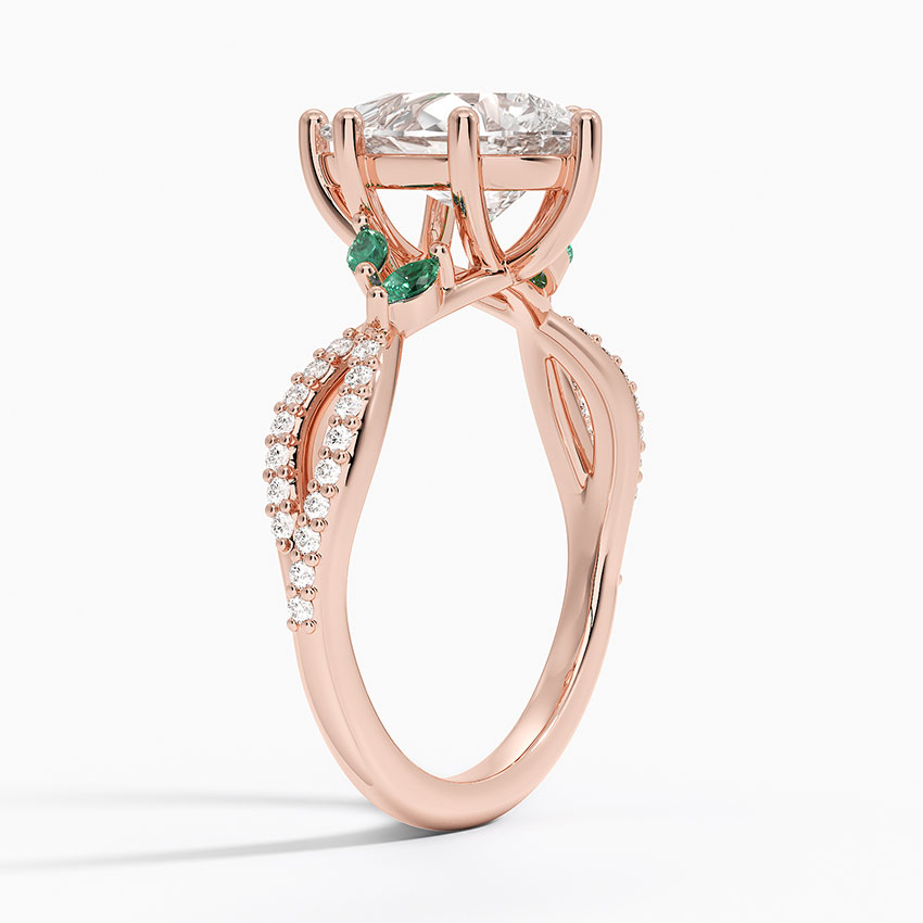 Pear Cut Moissanite Engagement Ring with Emerald Accents, Nature Inspired Leaf Ring, Split Shank Diamond Ring