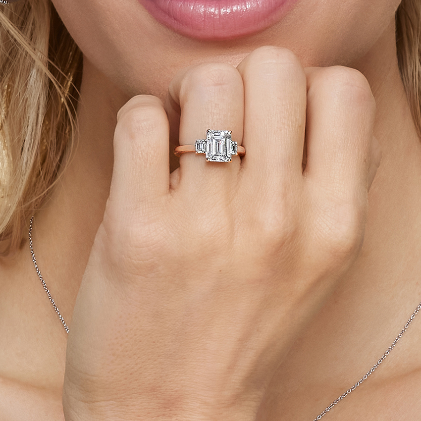 Emerald Cut Diamond Three Stone Ring, Engagement Ring, Classic Solitaire with Side Baguettes