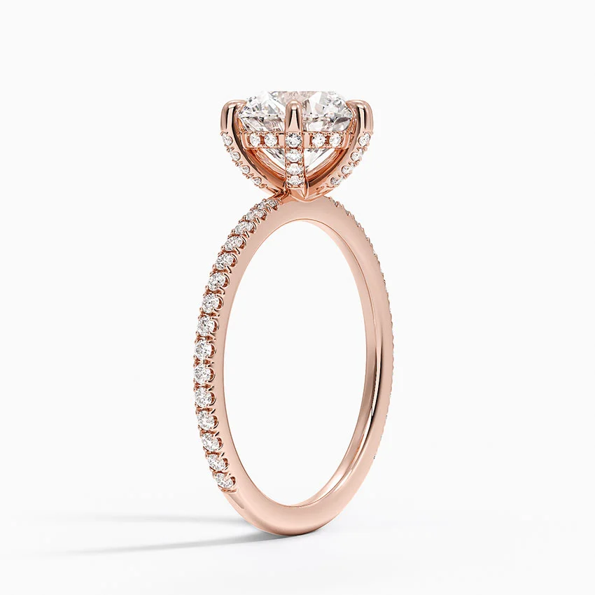 Round Cut Moissanite Engagement Ring, 6 Prong Solitaire Ring, Pave Diamond Band