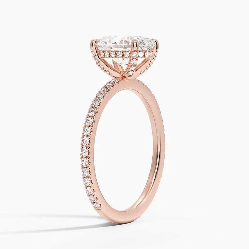 Oval Cut Diamond Engagement Ring, Hidden Halo Oval Ring, Pavé Band Ring