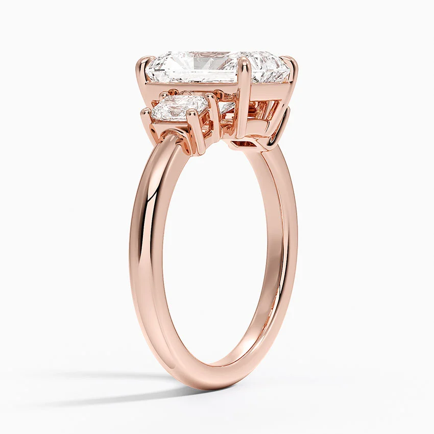 Radiant Cut Three Stone Diamond Engagement Ring, Solid Gold, Side Diamond Ring