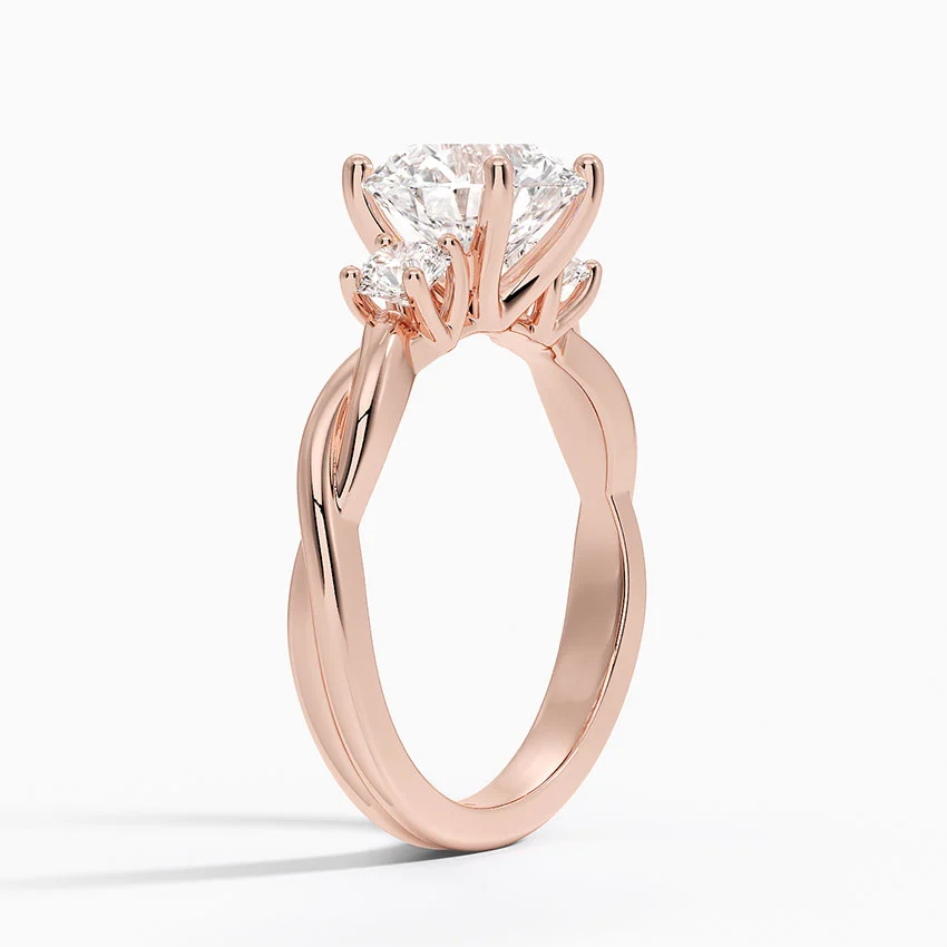Twisted Three Stone Diamond Engagement Ring, Round Cut Center Diamond Ring, Unique Bridal Ring