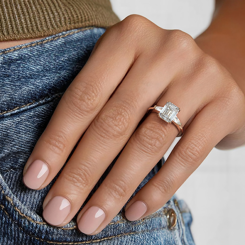 Emerald Cut Diamond Engagement Ring, Tapered Baguette Side Stones, Minimalist Three Stone Ring