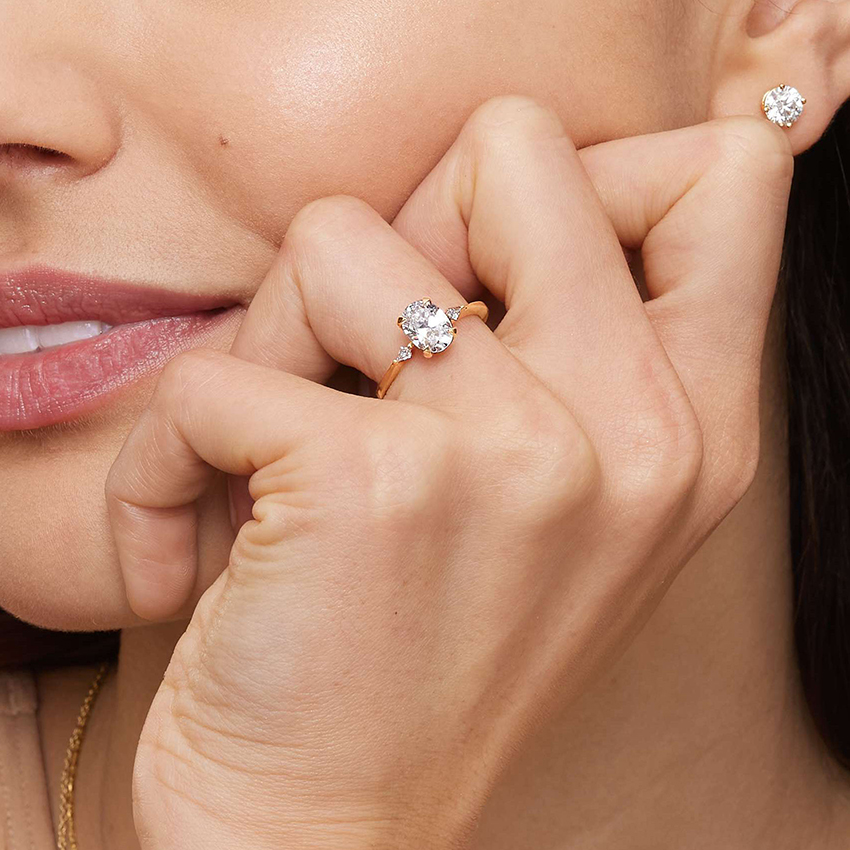 Oval Cut Diamond Engagement Ring with Trillion Side Stones, 3 Stone Diamond Ring, Minimalist Bridal Ring