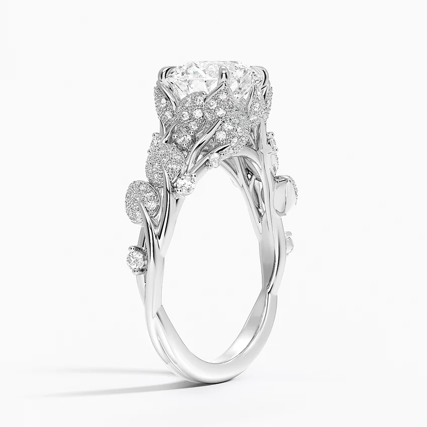 Vintage Floral Diamond Engagement Ring, Round Cut Center Stone, Leaf Inspired Pave Band