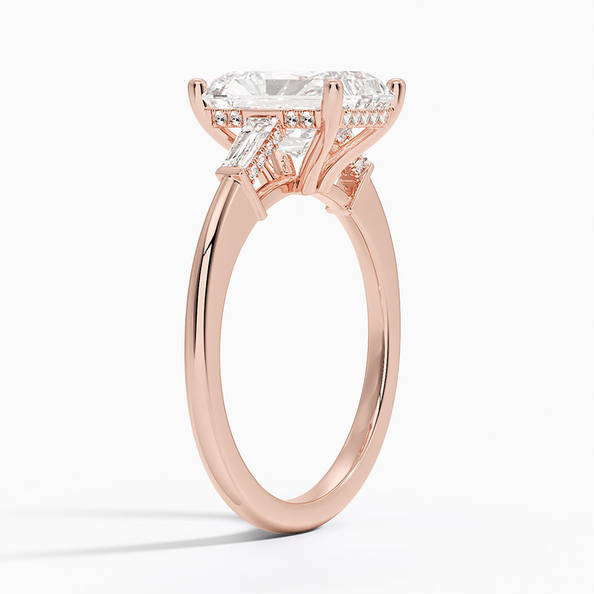 Radiant Cut Solitaire Engagement Ring with Tapered Side Stones, Elegant 3 Stone Diamond Ring