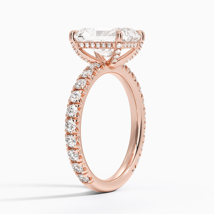 Radiant Cut Diamond Engagement Ring, Hidden Halo Pavé Band Ring, Bridal Proposal Ring