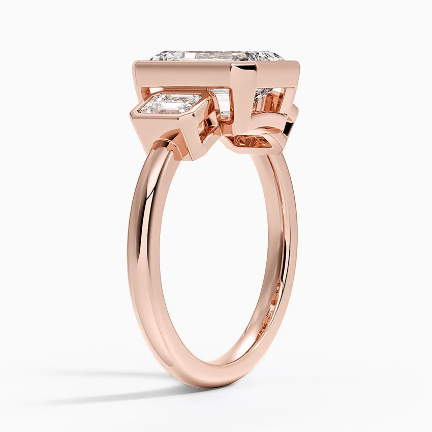 Emerald Cut Diamond Engagement Ring, Bezel Set Three Stone Ring, Step Cut Side Stones
