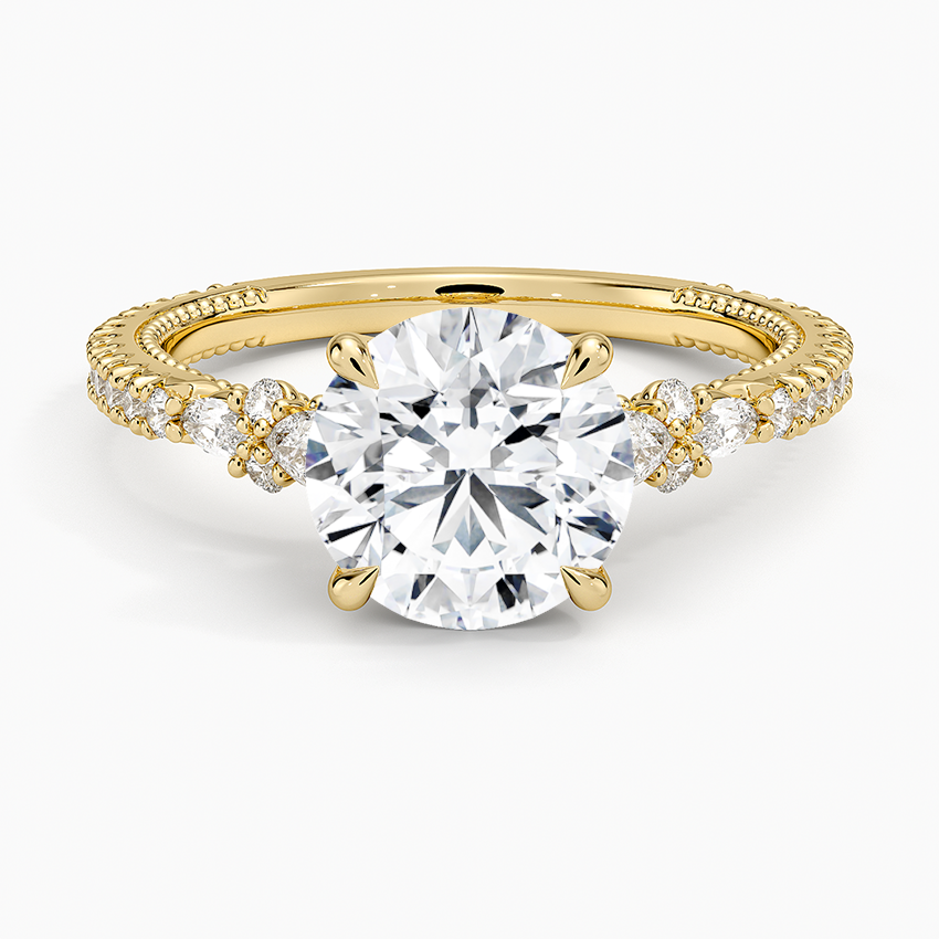 Vintage Inspired Round Cut Moissanite Engagement Ring, 3 Stone Diamond Ring, Hidden Halo Ring