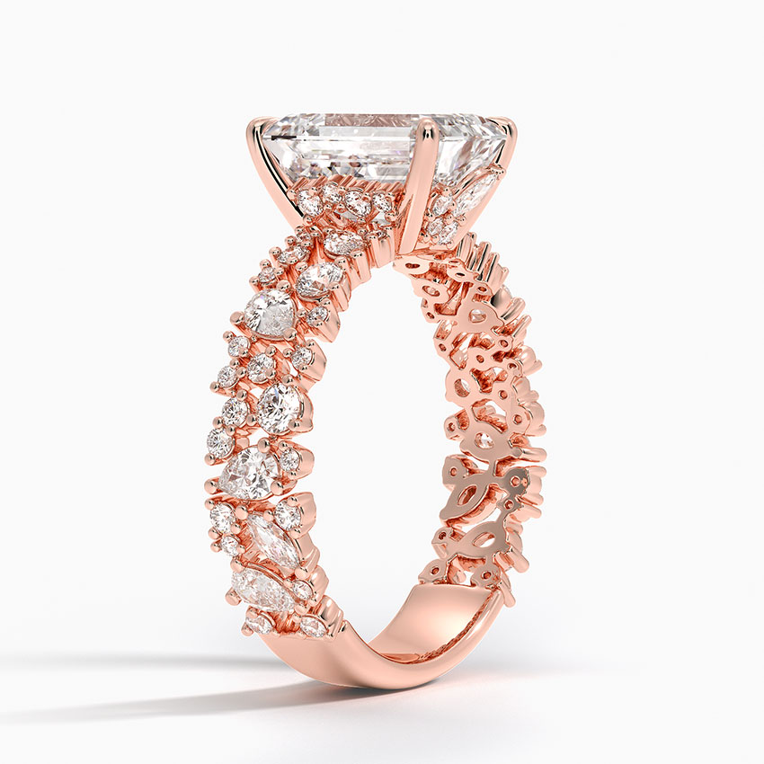 Emerald Cut Diamond Engagement Ring, Vintage Floral Cluster Band Ring, Unique Halo Statement Ring